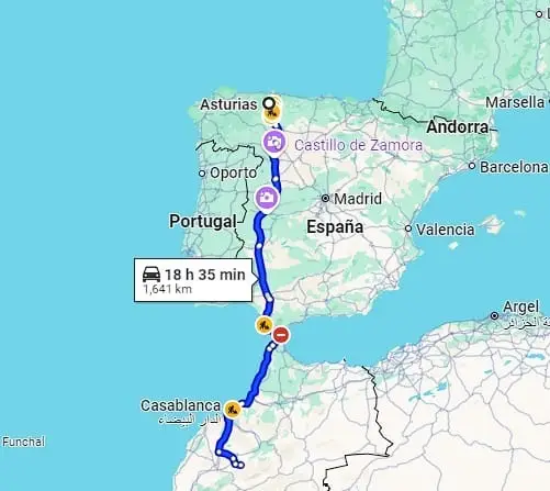 Mapa para viajar de Asturias a Marruecos